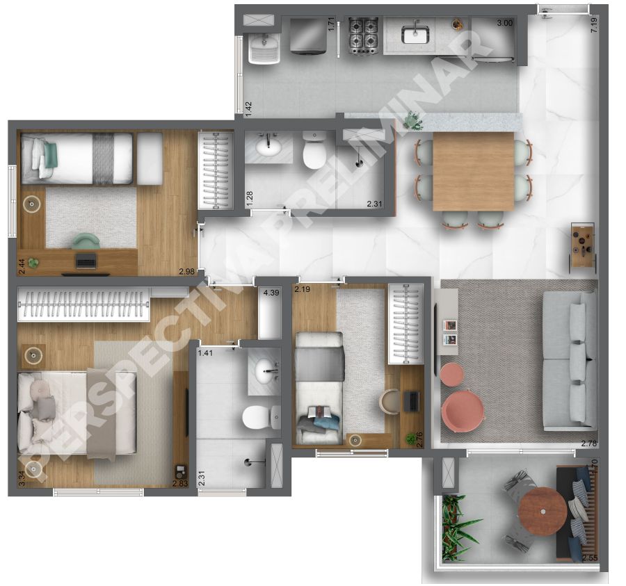 Planta 3 Dorms (1 su�te)
