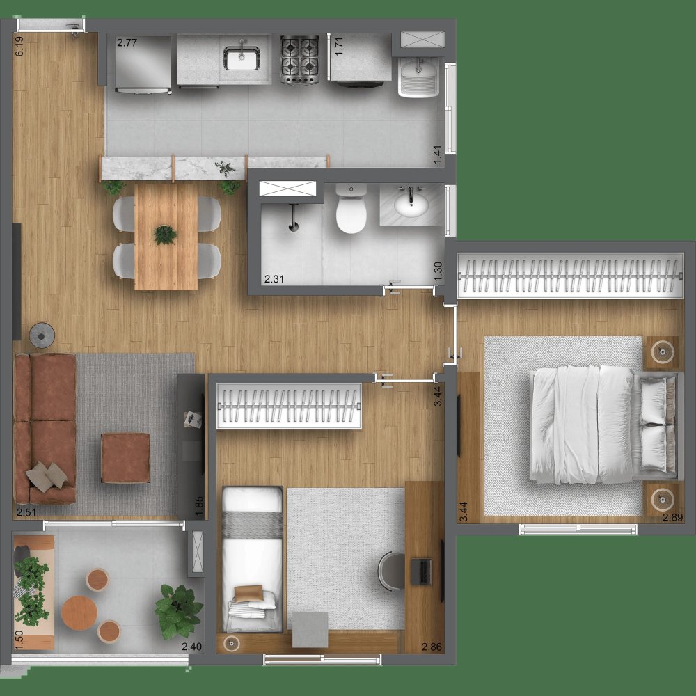 Planta 2 dormit�rios 57 m�