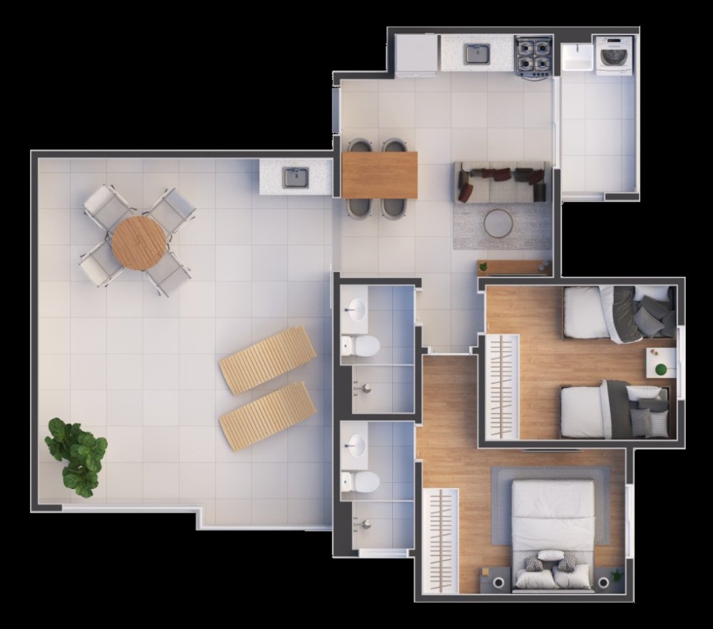 Terra�o 2 dormit�rios com su�te - 77,63 m�